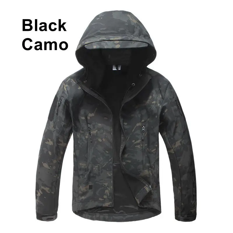 Мужская тактическая куртка из мягкой кожи флисовая ветровка с капюшоном водонепроницаемая камуфляжная охотничья одежда - Цвет: Black camo