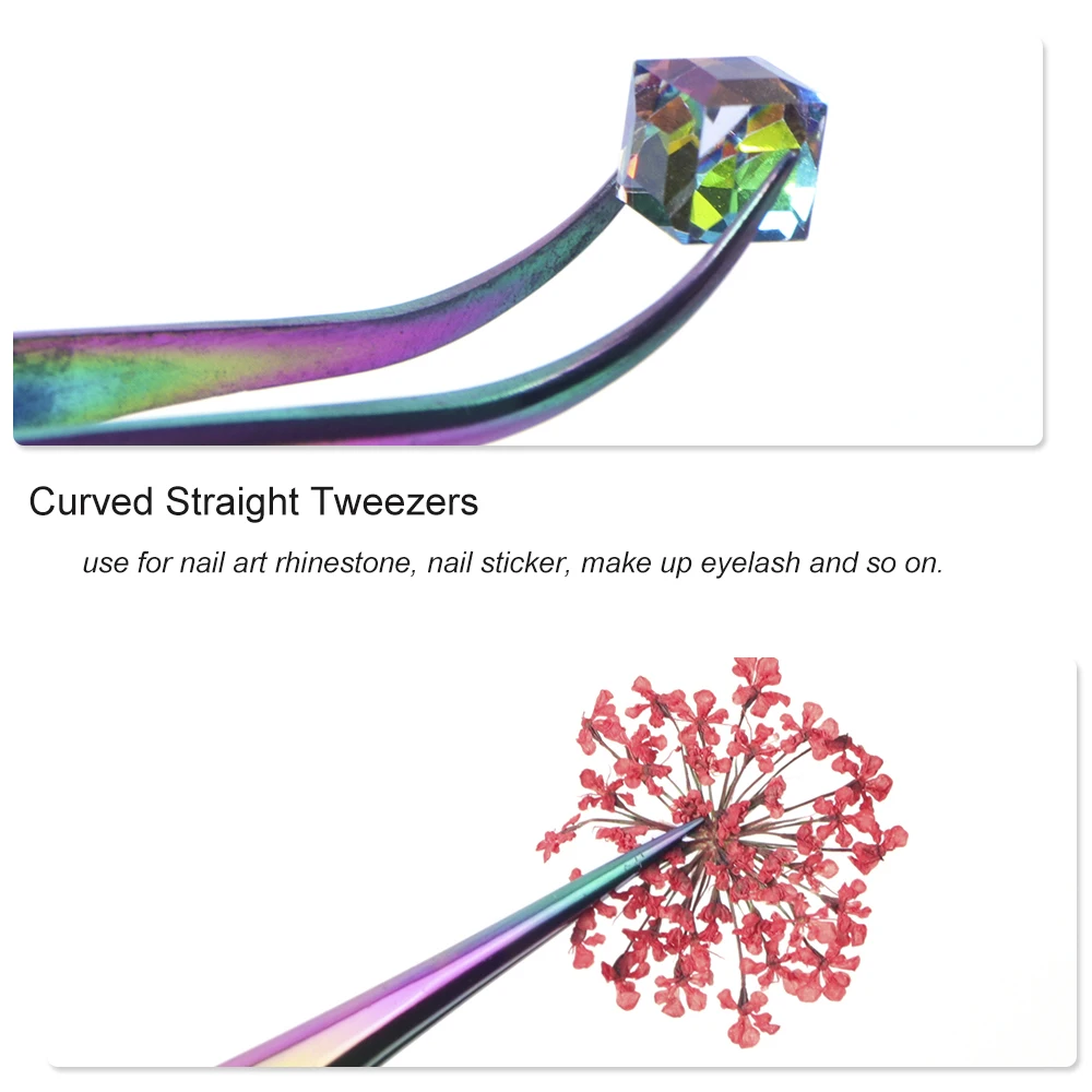 STZ из нержавеющей стали радужные пинцеты изогнутые+ Прямые стразы, наклейки, маникюр, дизайн ногтей, макияж, инструмент для ресниц, TRT1-2