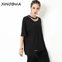 Европа новые летние Для женщин High Street свободные с круглым вырезом рукав «летучая мышь» личности Черная футболка Топы Женский Плюс Размеры Лидер продаж футболки