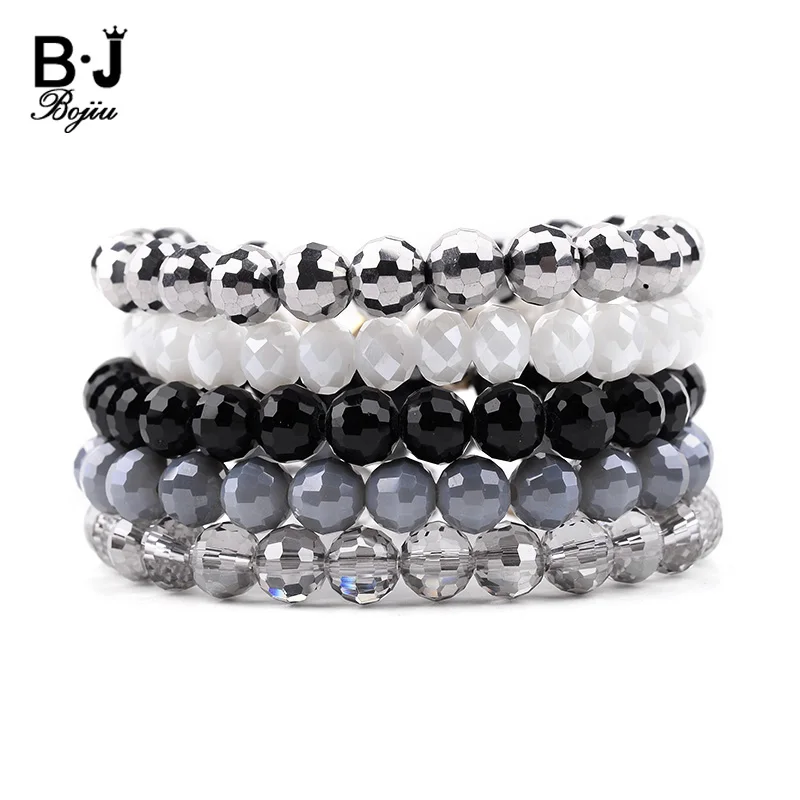 

BOJIU 5 Pcs/Set Faceted Crystal Bead Bracelet For Women Classic Female Black White Gray Crystal Bracelet Party Jewelry BCSET201