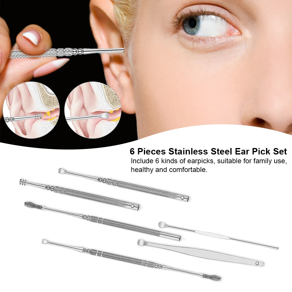 

6pcs Stainless Steel Ear Pick Set Curette Ear Wax Remover Spiral Spring Earpick Ear Cleaner Health Care Tools of Handle Design