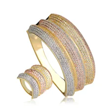 Blucome Luxury Bridal Jewelry Sets Three Tones Big Size Cuff Bracelet Bangle Finger Rings Full Cubic Zircon Copper Hand Jewelry
