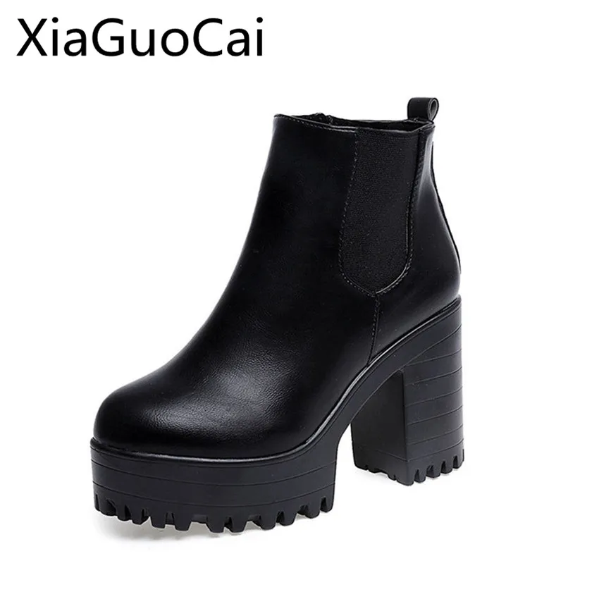 

Fashion Women Ankle Boots High Heel Platforms Genuine Leather Spring and Autumn Female Pump Boots Motorcycle Shoes