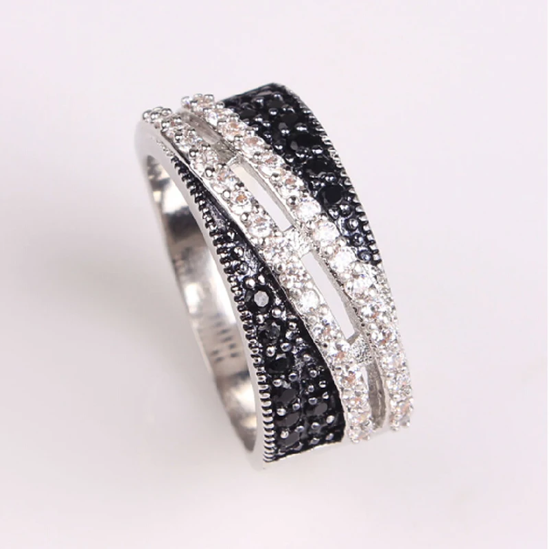 

JEXXI White Black Cubic Zircon Crytal Party Rings For Men And Women Fashion Sterling Silver Engagement Wedding Rings For Unisex