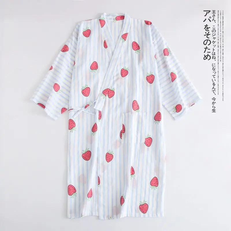 Весна Лето газовые хлопковые халаты кимоно, ночная рубашка простой полосатый клубничный тонкий секционный свободный большой размер Домашний халат - Color: Blue