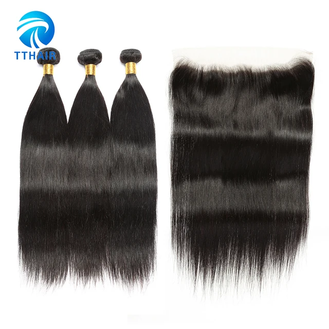 Best Price 100 Human Hair Raw Indian Hair Extensions Bundles Weave Straight Hair Bundles With Frontal 13*4 And Non-Remy Black Color