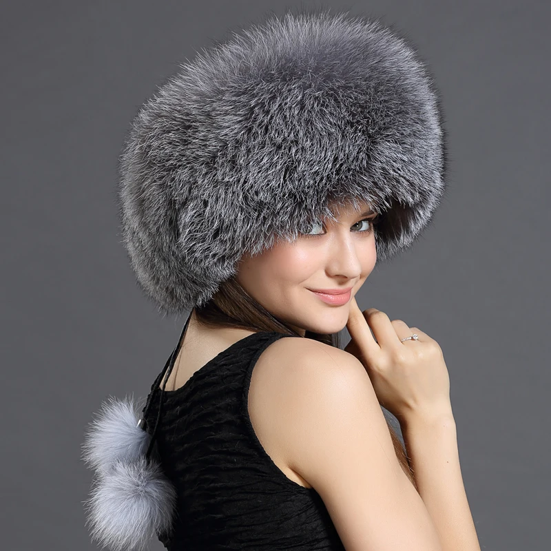 QiuMei Women's Fur Bomber Hats Real Leather Top Patchwork Silver Fox