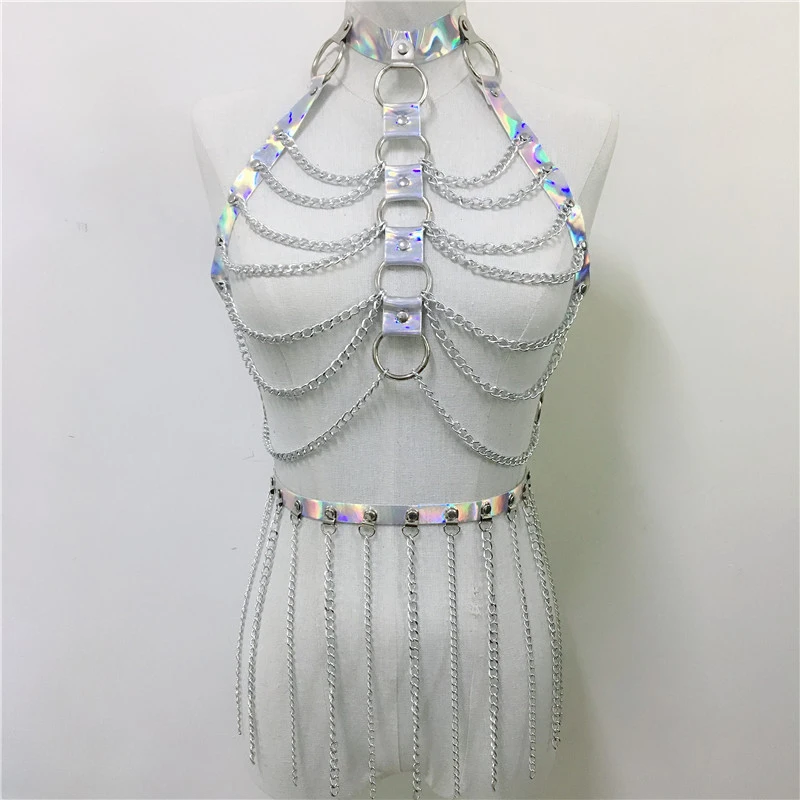 

Holographic Leather Harness Garters Two Piece Set Bra Garter Sexy Cage Chest Bondage Belt Metal Chains Waistband Party Clubwear