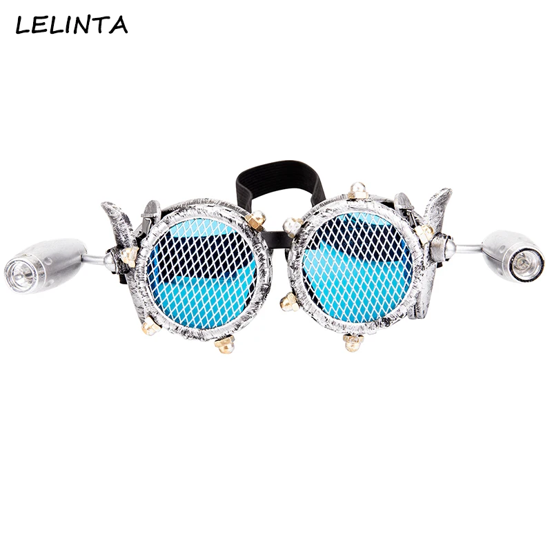 

LELINTA Blue Lenses Glasses Steampunk Goggles With Two Lamps Rave Festival Party Glasses Cosplay Punk Vintage Glass Eyewear