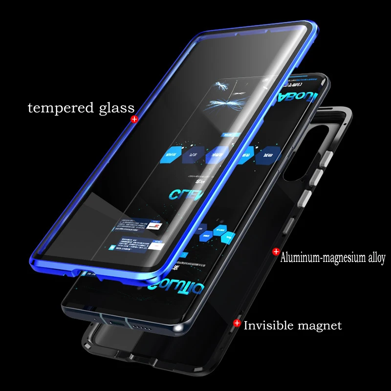 Bitingly 360 Degree Coverage Case for Huawei P30 Pro Front+Back Glass Cover for Huawei P30 Lite Aluminum Metal Magnet Phone Case