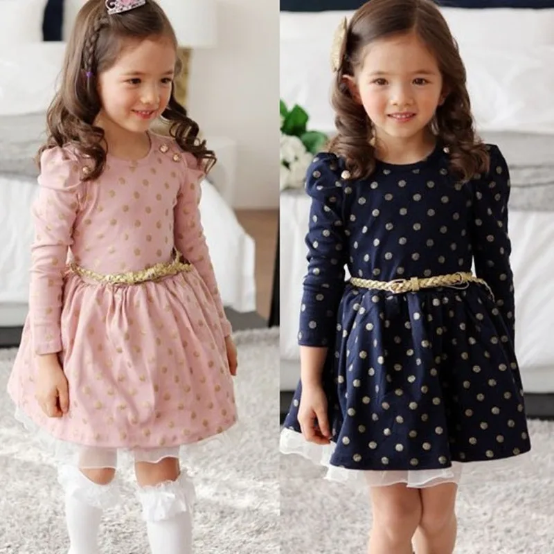 

Fashion girls puff long sleeve dot dress cute kids princess dress high-quality children's casual soft dress 17N1120