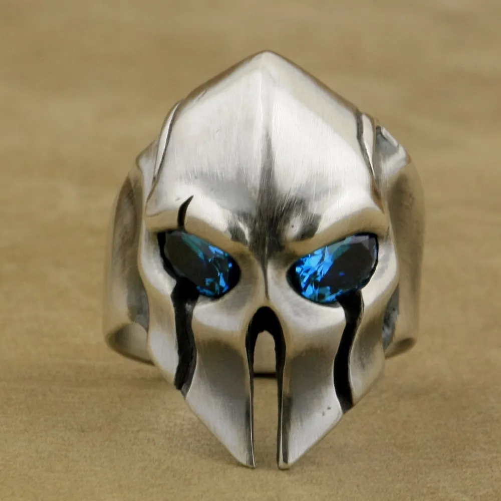 925 Sterling Silver Guard Helmet Ring Blue CZ Eyes Mens Biker Ring