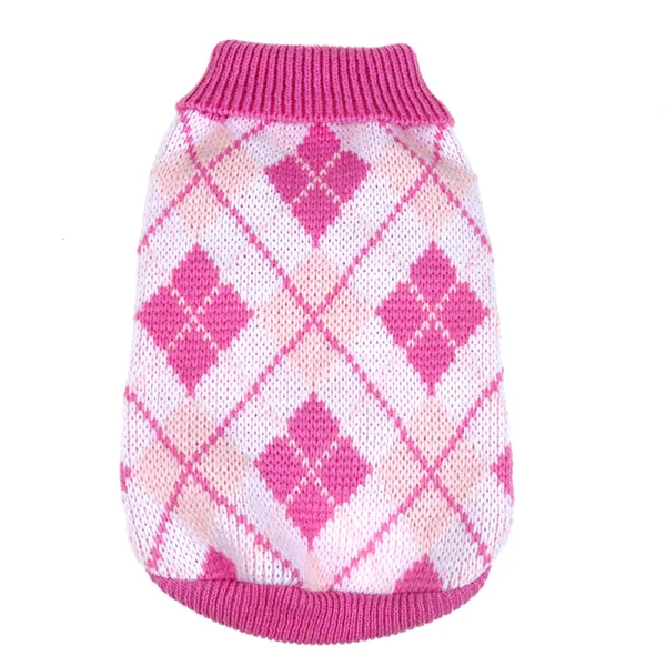 Свитера для домашних собак кошка теплый трикотаж ромбиками зимний свитер маленький щенок пальто одежда XS-XXL - Цвет: Розовый