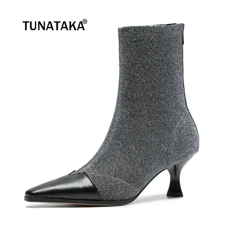 

Women Genuine Leather Thin Heel Sequined Ankle Boots Fashion Zipper Pointed Toe Fall Winter Bootie Black Silver
