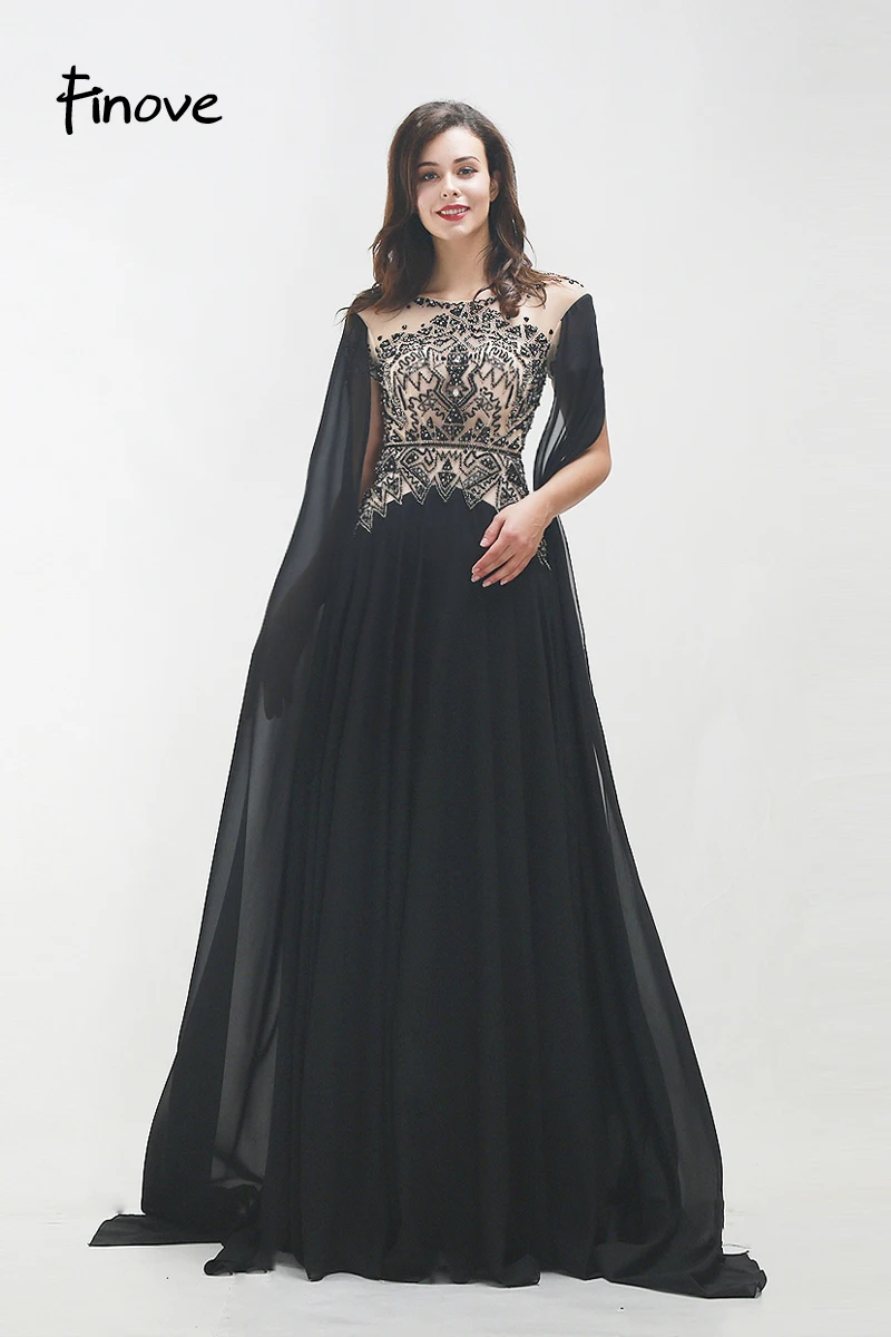 Finove New Style Long Evening Dress Woman Chic Evening Gown Beading Full Sleeved Floor Length Formal Clothing Plus Size