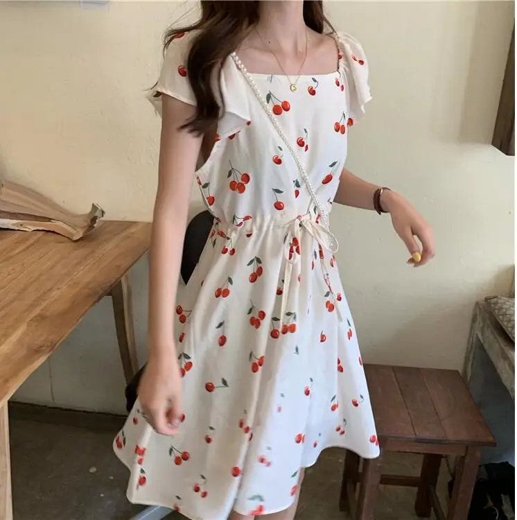 

Summer new high waist vintage cherry dress
