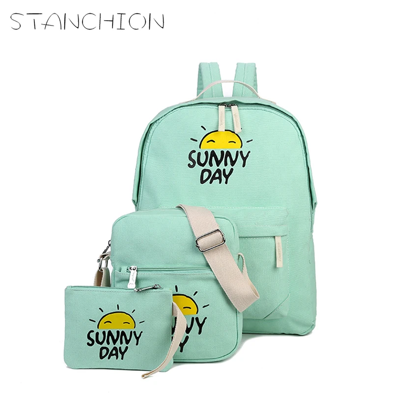 

STANCHION Backpacks 3 pieces Sets Women Backpack Sunny Day Printing Canvas School Bags For Teenager Girls Shoulder Bag