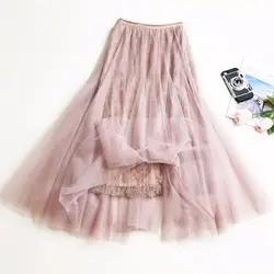 2019 Летняя женская сетчатая кружевная юбка с высокой талией slim fit качающаяся длинная юбка газовая юбка Дикая мода девушка плиссированная