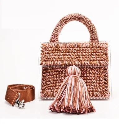Акриловая шерстяная Вязанная женская сумочка, роскошные ручные портативные кошельки с кисточками, брендовая дизайнерская зимняя сумка-тоут, меховая сумка-мессенджер - Цвет: F