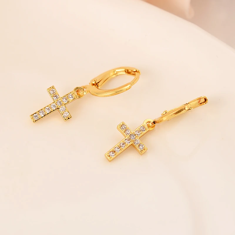 

cz diamond crystal 24k Gold Filled Women's Drop Earring Dangle Earring Charms Jewelry Cross Earrings brincos Vintage girls