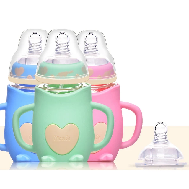 Newborn Wide Caliber Glass Bottles With Handle Silicone Sleeve Cute