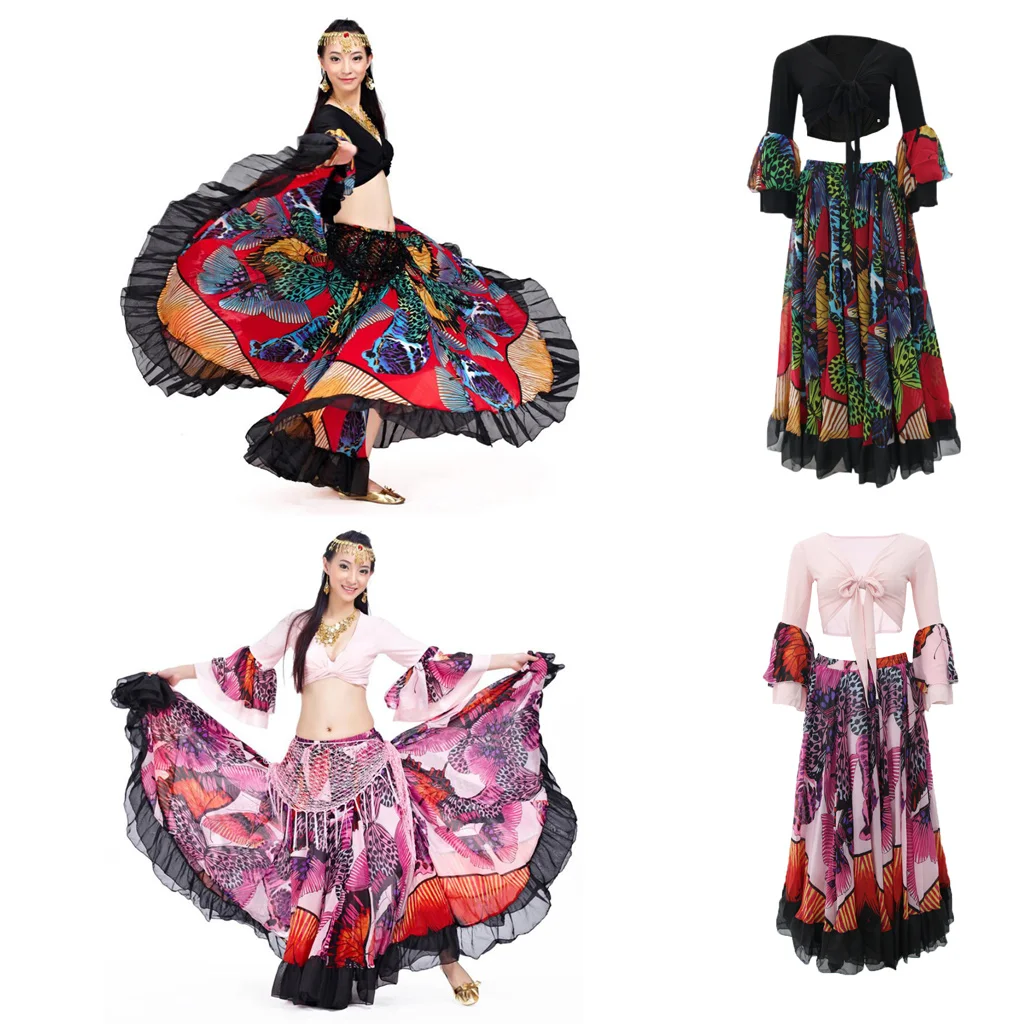 Tribal Gypsy Style Flamenco Belly Dance Costume Set for Women Chiffon Top and Butterfly Print Swing Maxi Skirt