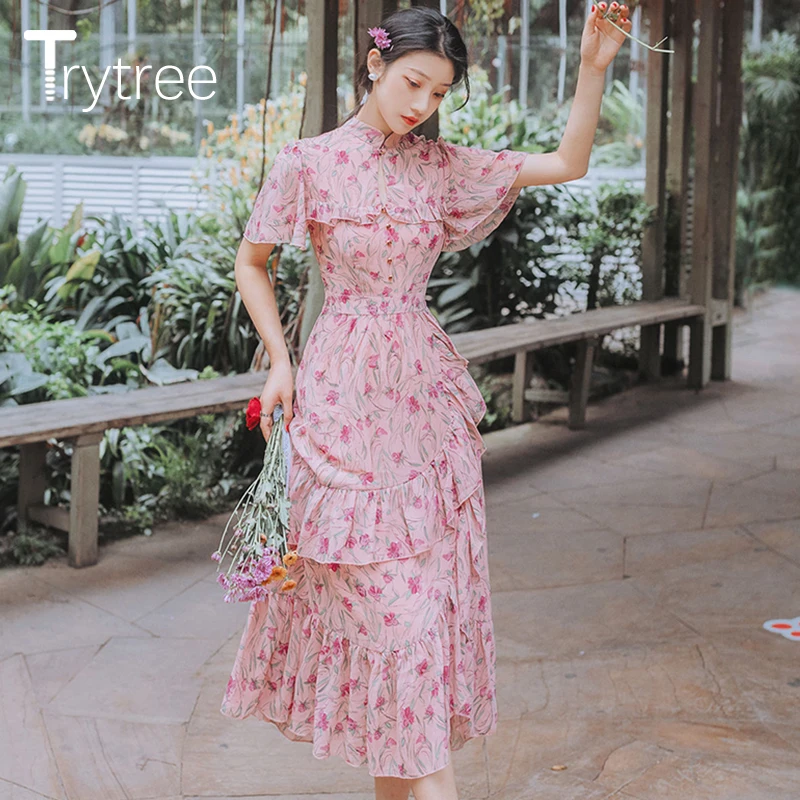 

Trytree Summer Women Dress Elegant Mandarin Collar Hollow Out Butterfly Sleeve Dresses A-line Ruffles Ankle-Length Casual Dress