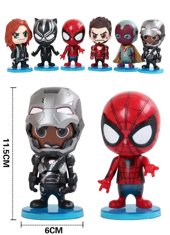 6 шт./компл. Marvel Avengers Ironman Spiderman Черная пантера Widow Vision War Machine Bubble Head автомобильные