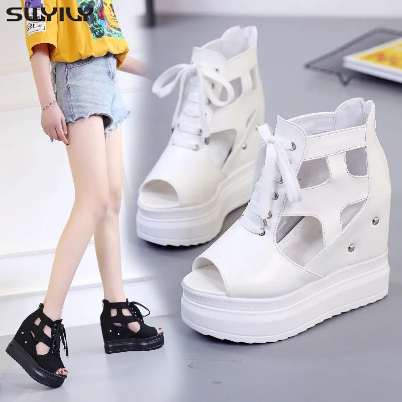 

SWYIVY Women Black/White Net Sandals 2019 Summer Increase Platform High Heel Wedge Sandals Female Thick Bottom Casual Shoes 12cm
