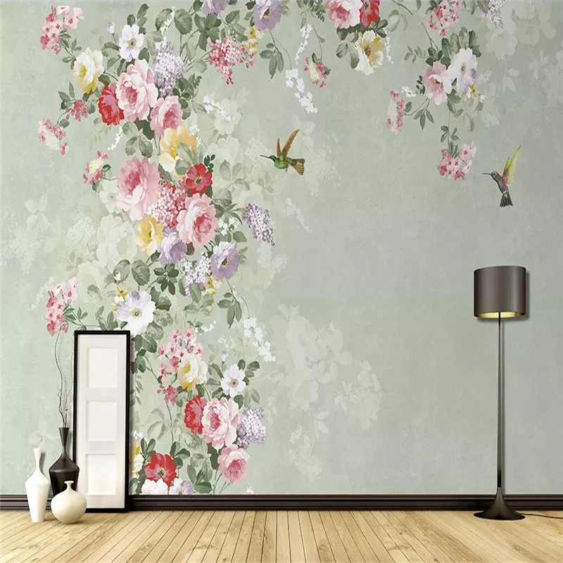 Decorative wallpaper Modern simple style hand-painted American vintage flower background wall decorative painting Decorative wallpaper Modern simple style hand-painted American vintage flower background wall decorative painting