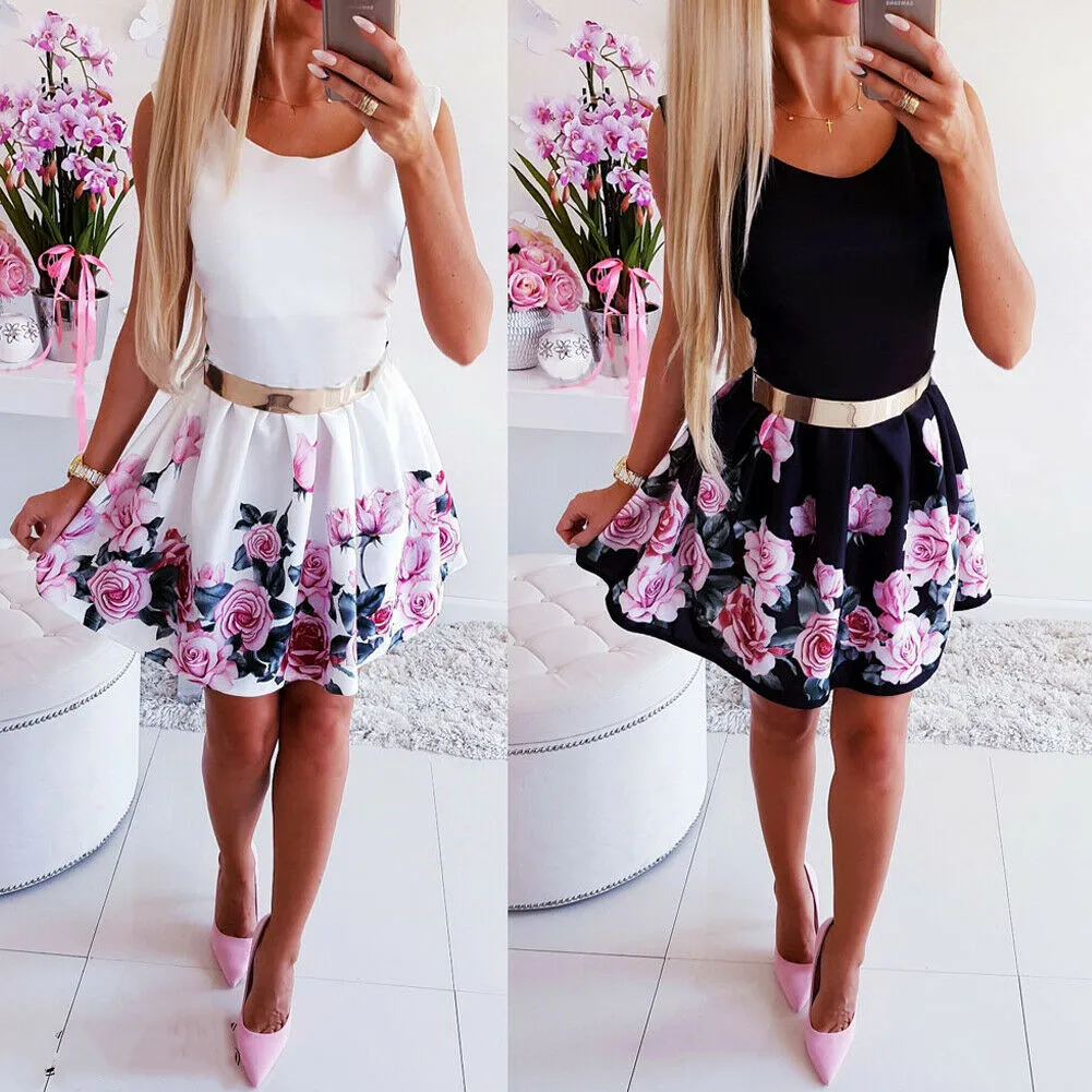 

Hirigin Women Dress Vintage O Neck Sleeveless Ruffles Boho Evening Party Beach Mini Dress Floral Sundress