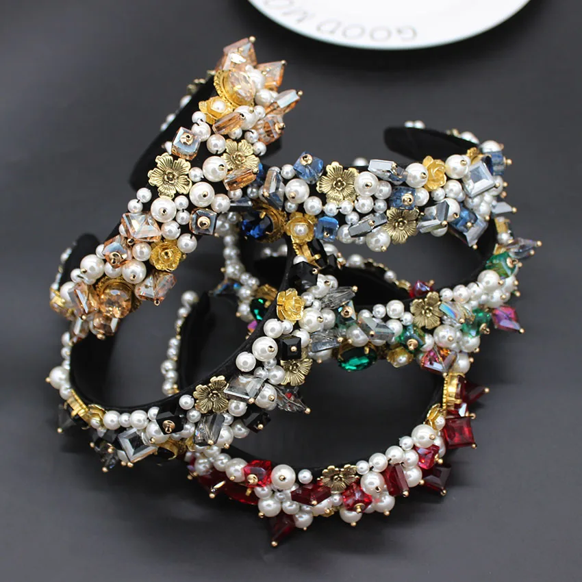 

Vintage multicolor headband Baroque exaggerated crystal pearls with headband catwalk dance party luxury multicolor headband 672