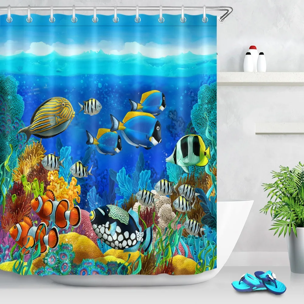 Shower Curtain Blue Ocean Tropical Fish Coral Undersea World Curtains 12 Hooks