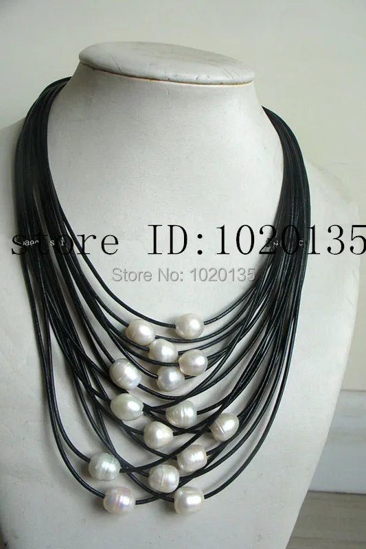 

WOW! 15rows freshwater pearl white 9-13mm egg & black line 17-24" necklace nature beads white color FPPJ