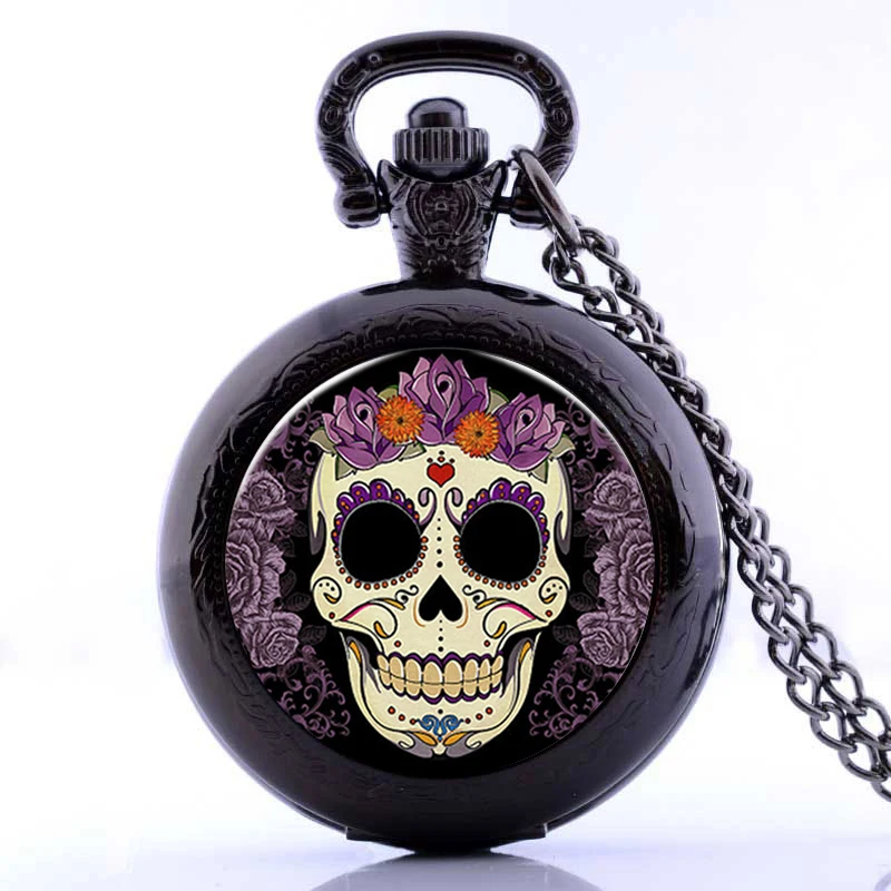 

New Antique Skull Flowers Mens Womens Quartz Pocket Watch Analog Pendant Necklace Chain Halloween Gifts relogio de bolso