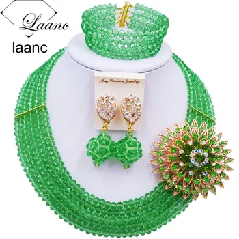 

Laanc Handmade Light Green Crystal Beaded Necklace Nigerian Wedding African Beads Jewelry Set for Women 5DS023