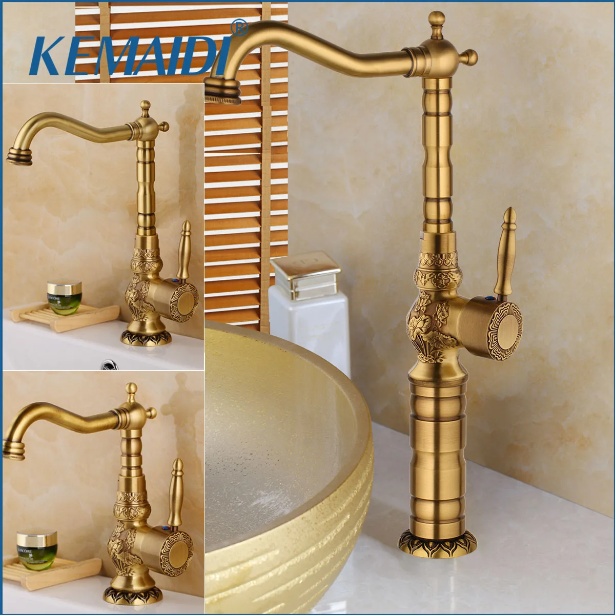 KEMAIDI 3 Size Antique Brass Bathroom Basin Faucet Long Nose Spout Wash