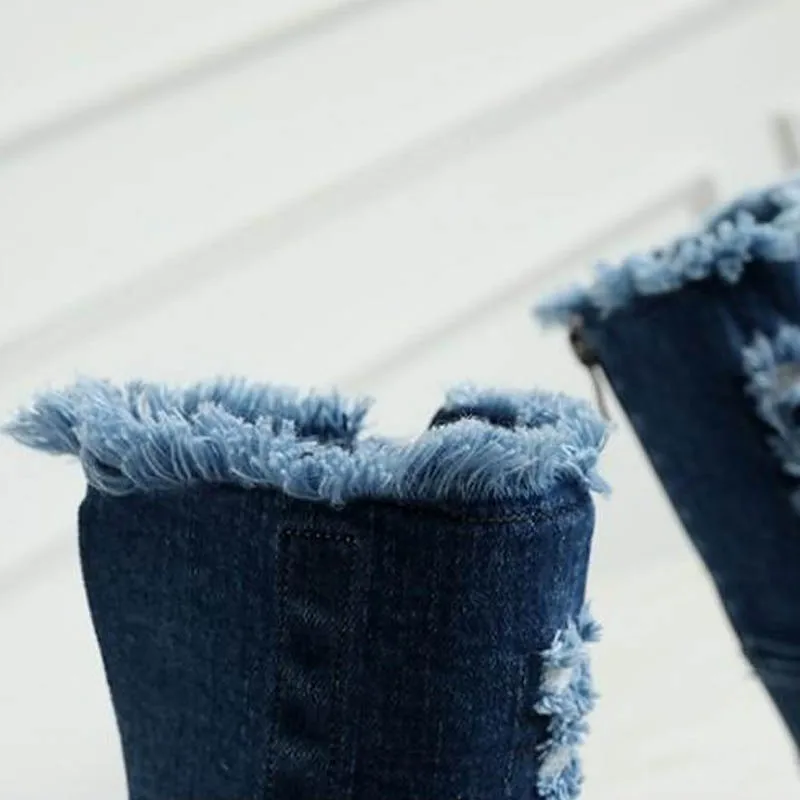 Toe 43 Haute Cuisse Peep Sur Cm Trou Printemps Grande Hauts Genou D'été Femme Talons Taille Bottes Chaussures G70 10 Mode Le Denim Sexy Femmes UMpGLSzqV
