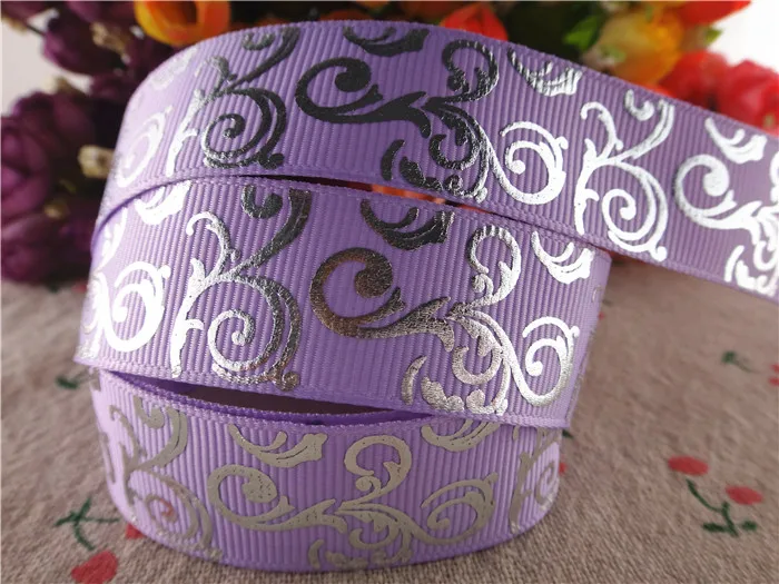 7/8" (22mm) 10 yards glitter silver foil flowers printed grosgrain ribbons DIY handmade materials SD1127 ribbon decoration ribbon supplies grosgrain ribbon