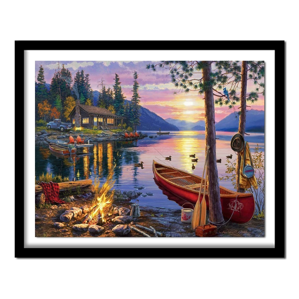 

DIY Diamond Painting Cross Stitch Landscape Diamond Embroidery Sunset Pasted Boat Patterns Decoration Home