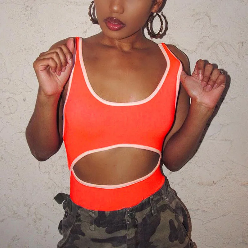 

2019 Summer Sexy Bodysuits Women Patchwork Sleeveless Tank Neon Color Skinny Jumpsuit Hollow Out Night Club Women Rompers Female