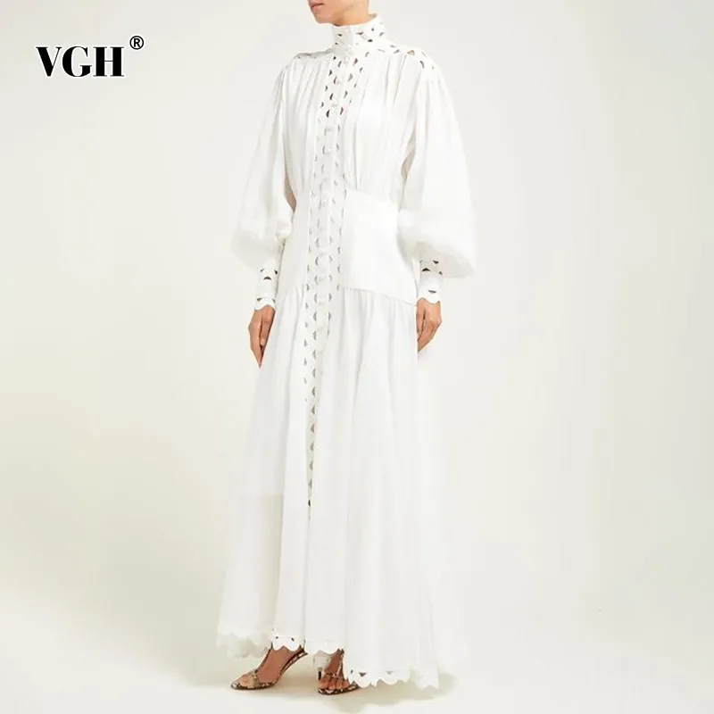 

VGH Summer Hollow Out Ankle-length Dresses Women Stand Collar Lantern Sleeve Casual Solid A Line Dress Female Fashion New 2019