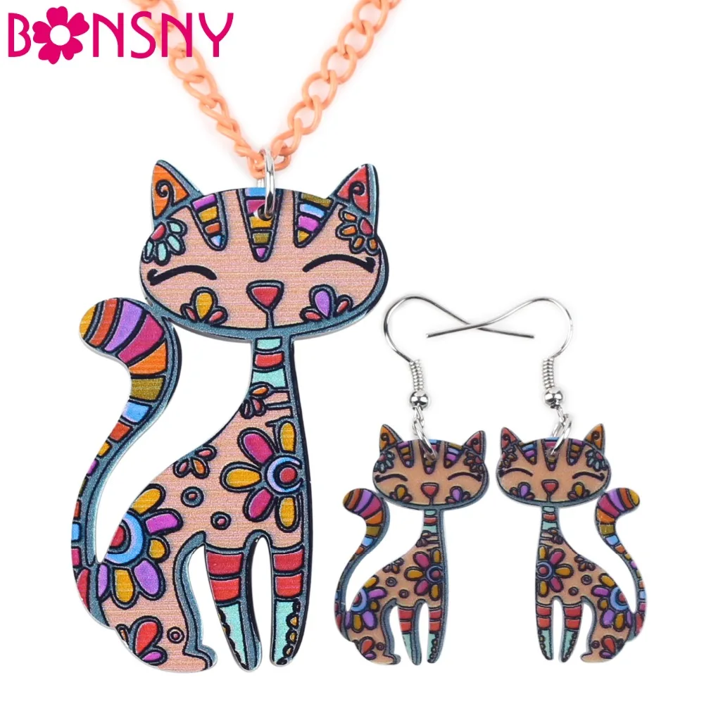 

Bonsny Brand Acrylic Statement Cat Necklace Earrings Jewelry Sets Choker Collar Fashion Jewelry 2016 News For Women Girl Gift