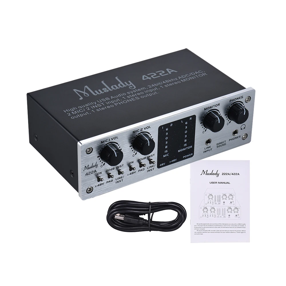 

Muslady 422A 4-Channel USB Audio System Interface External Sound Card +48V phantom power DC 5V Power Supply