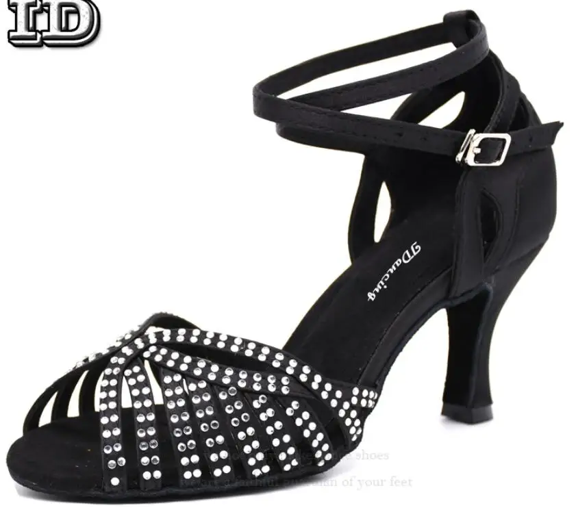 Танцевальная обувь со стразами; туфли с перекрещивающимися ремешками; цвет бронзовый, черный; туфли для латинских танцев; Бальные вечерние танцы вальса; удобная обувь - Цвет: black heel 7.5cm