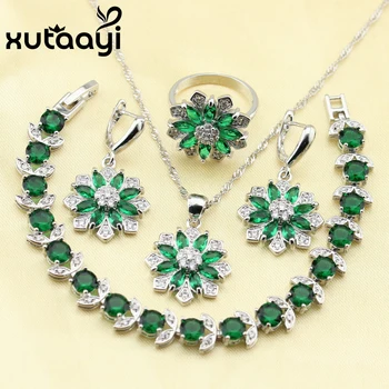 

Green Imitated Emerald Necklace Pendant Bracelets Earrings Rings Classy Silver Color Jewelry Sets For Women Christmas Gift