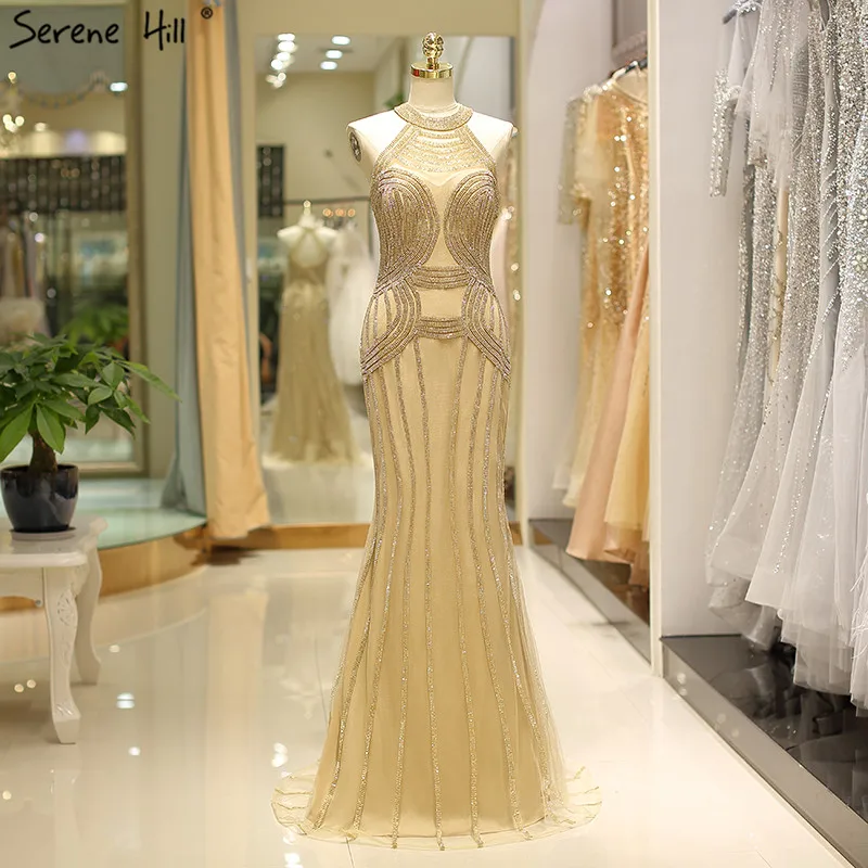 

Dubai Gold Halter Sexy Prom Dresses Design 2019 Full Diamond Mermaid Luxury Prom Gwons Real Photos BLA6100