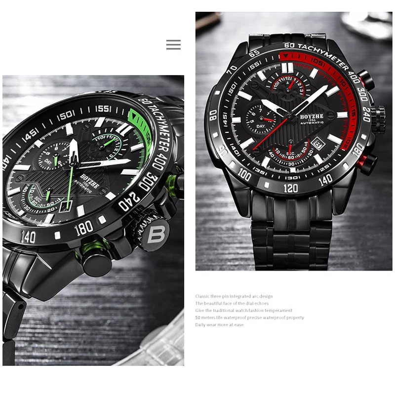 BOYZHE ووتش الرجال الفاخرة للماء التقويم مضيئة مؤشر متعددة الوظائف ساعات آلية التلقائي ووتش الرجال الصلب ساعة