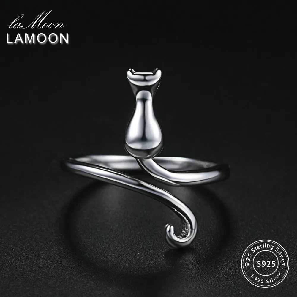 LAMOON High Polishing Lovely Cat S925 Adjustable Rings 925-Sterling-Silver Fine Jewelry for Women Gift Anti Allergy LMRY005