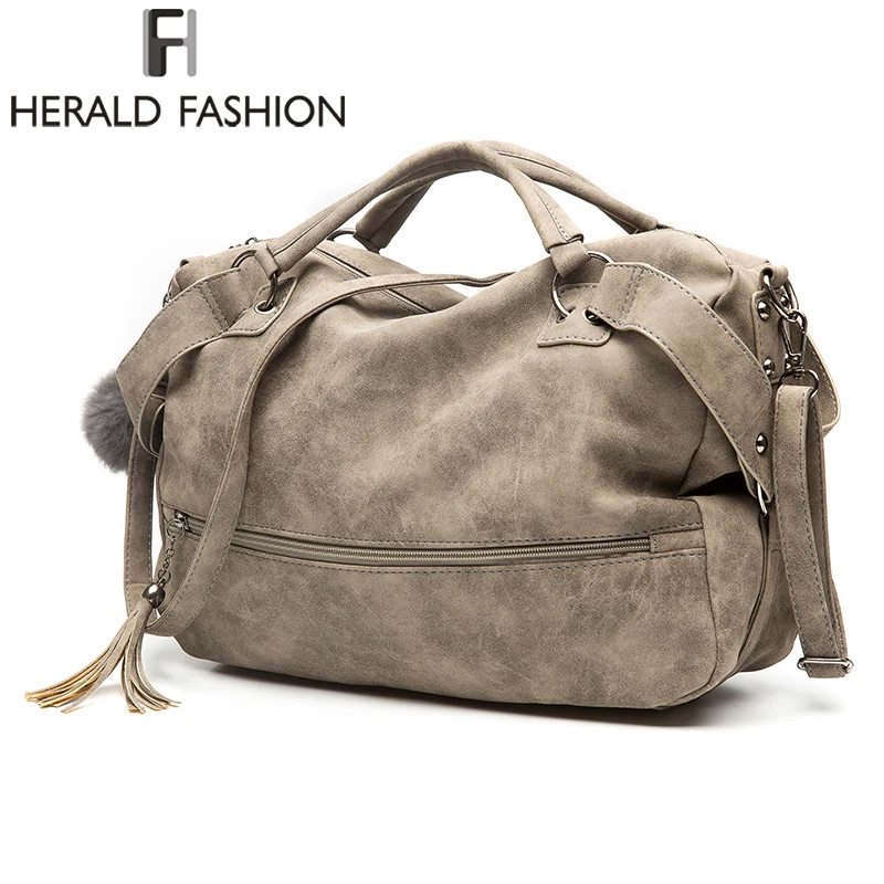 US $24.27 Herald Fashion Vintage Nubuck Leather Female TopHandle Bags Rivet Larger Women Bags Hair Ball Shoulder Bag New Motorcycle Bags